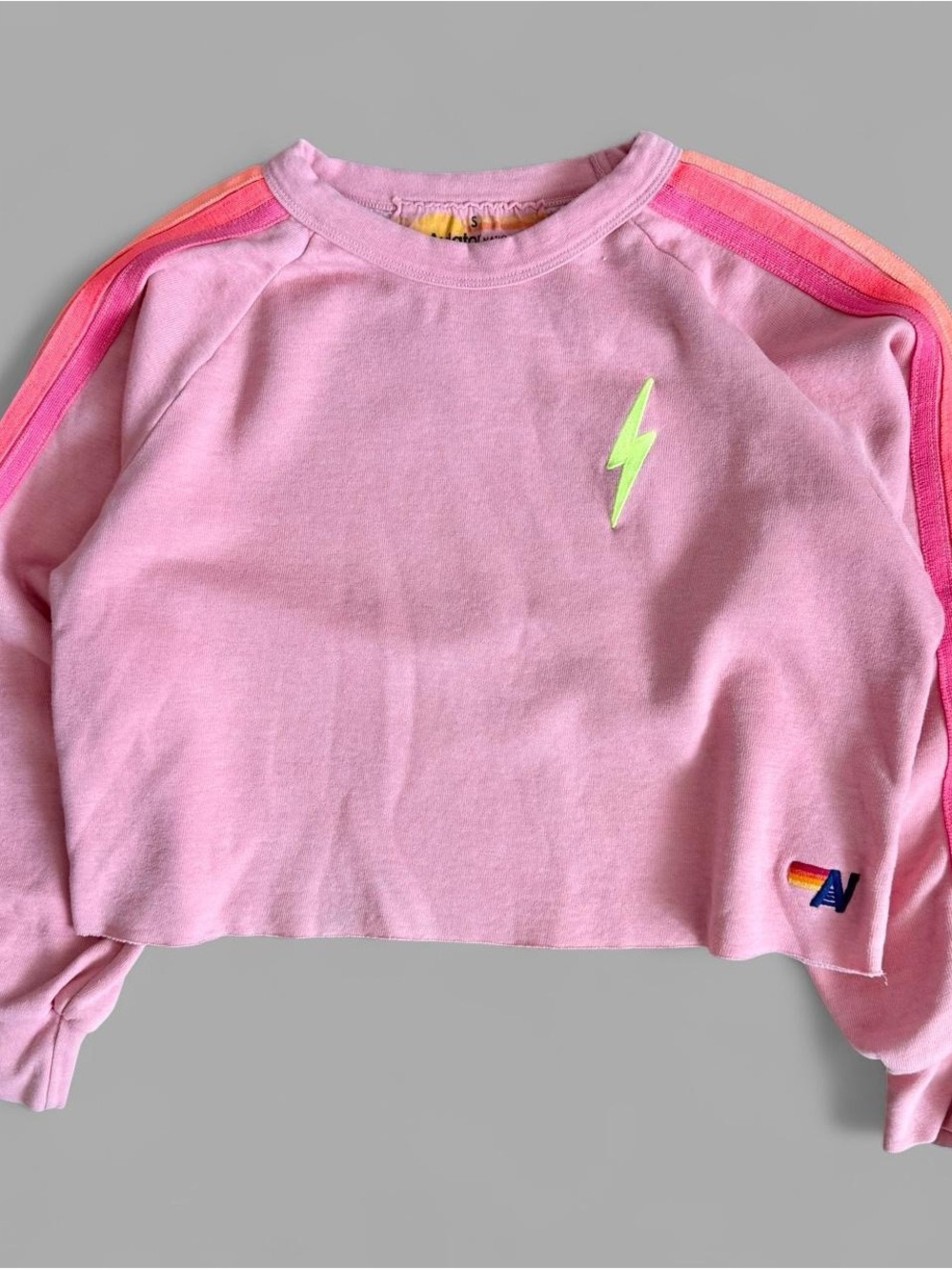 Aviator Nation Pink Cropped Sweatshirt with Neon Yellow Lightning Bolt